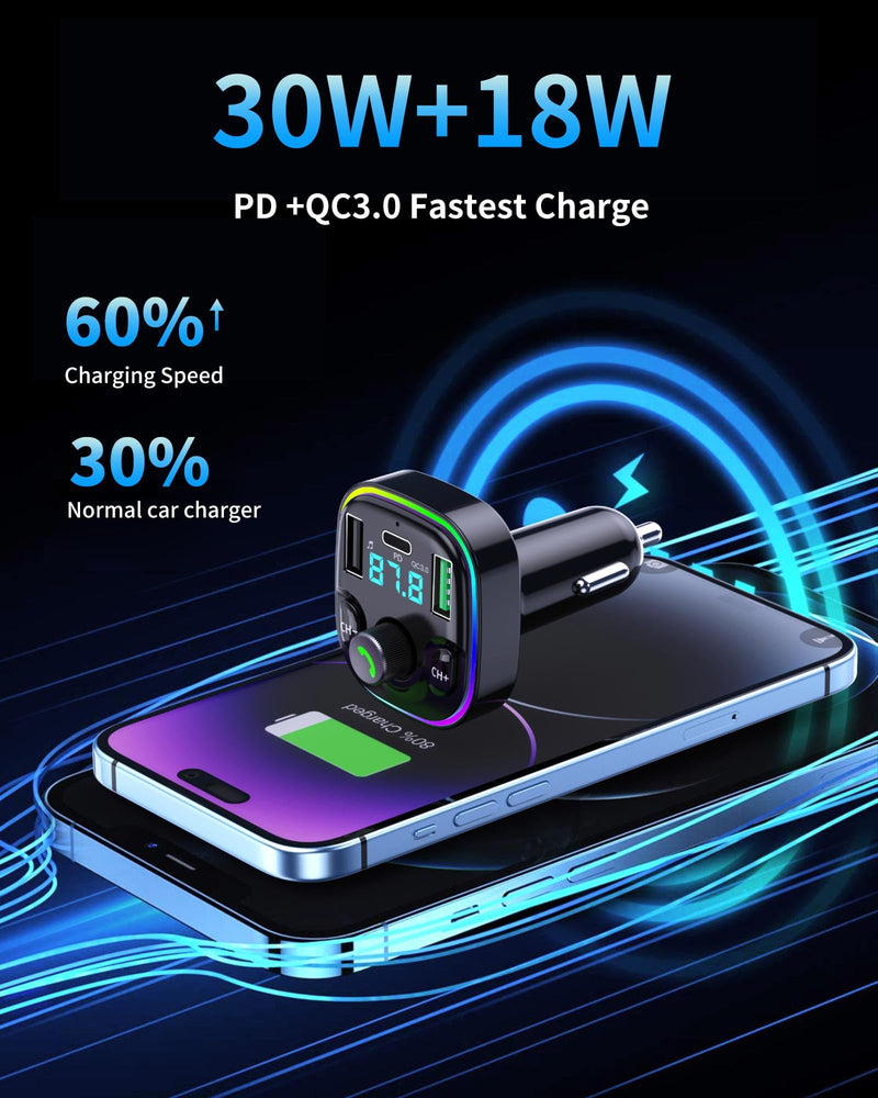 Bluetooth 5.3 FM Transmitter Car Adapter - FM Transmitter Bluetooth with Fast Charger [PD 30W & QC3.0 18W]，Hi-Fi Audio & Clear Calls, 7 Colors LED Backlit