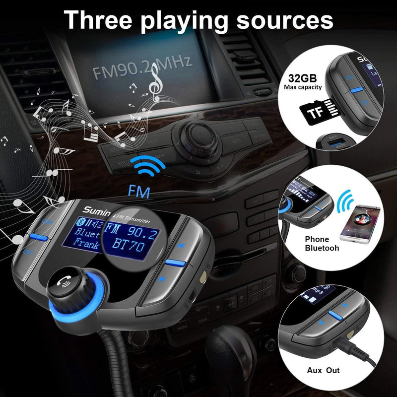 Upgraded Bluetooth FM Transmitter, Wireless Radio Adapter Hands Free Car Kit with 1.7'' Display, QC3.0 and Smart 2.4Amp Dual USB Ports, AUX Input/Output, TF Card Mp3 Player (PD, Black) PD
