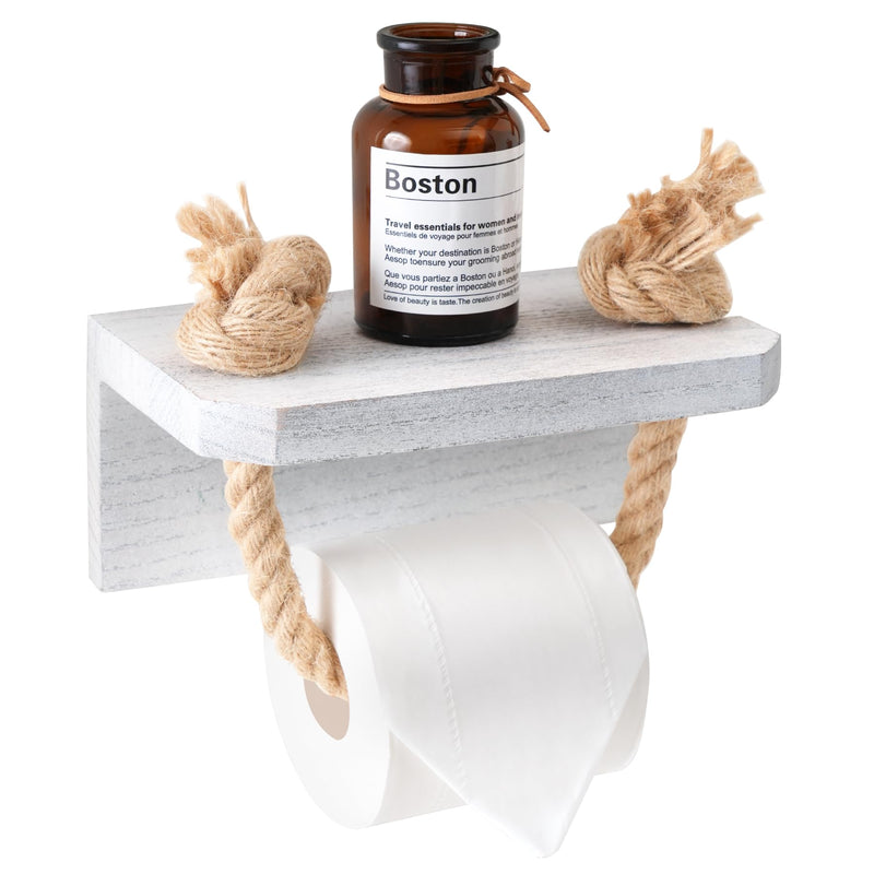 Farmhouse Toilet Paper Holde, Nautical Rope Beach Toilet Paper Roll Holder Pre-Assembled, Morden Farmhous Bathroom Decor Wall Mounted, Starfish Rope Coastal Towel Rack with Wood Shelf Weathered White