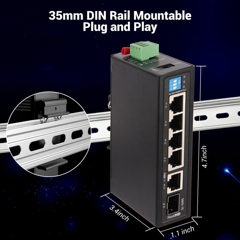 Industrial Ethernet Switch, 6-Port Gigabit Ethernet Switch, 1000Mbps, 4*1 RJ45 Uplink+1 SFP Port, Din Rail & Wall Mountable (-40 to 185 F), 12Gbps Switching Capacity, with UL Power Supply industrial etherent switch 4 port