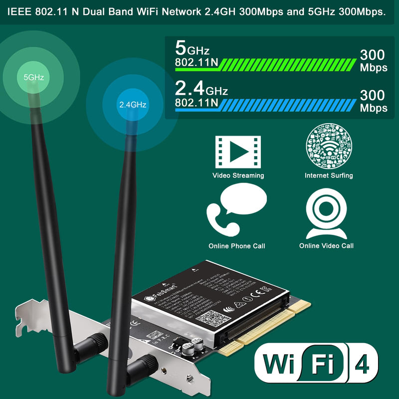 Wireless N Dual Band 600Mbps (2.4GHz 300Mbps or 5GHz 300Mbps) PCI WiFi Adapter for Windows 11, 10, 8.x, 7, XP (32/64bit) and Windows Server Desktop PCs, PCI Interface WiFi Card (PCI-N600)