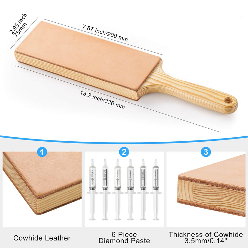 Angerstone Oversize Double Sided Leather Strop for Knife Sharpening with 6 Diamond Polishing Compounds - Cowhide Stropping Kit with Stropping Compounds, Knife Strop Block Stropping Leather large