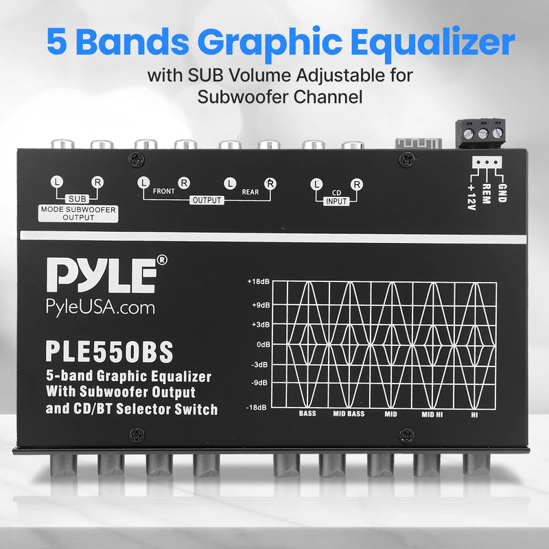 PyleUsa 5 Bands Graphic Equalizer with SUB Volume Adjustable for Subwoofer Channel, Built in Bluetooth for Wireless Music Streaming, Stereo RCA Output, Aux RCA Input, Mounting Hardware Included 5 Band