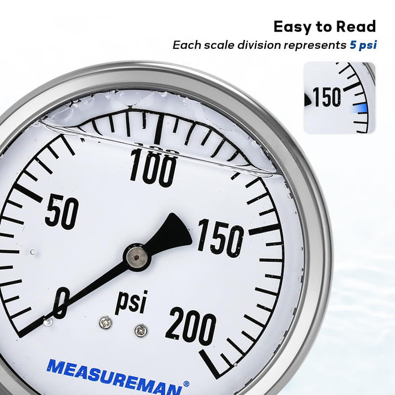 MEASUREMAN Glycerin Filled Plumbing Pressure Gauge 0-200psi Stainless Steel Case, 4" Dial 1/4" NPT Brass Lower Mount, Suitable for Pneumatic Tools, Water Filtration & Industrial Hydraulic Systems