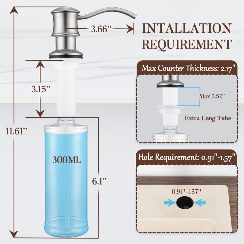 Built in Soap Dispenser for Kitchen Sink Countertop, Solid Brass Pump Head Long Spout with 10.2 Ounce PET Food Safe Material Lotion Bottle, Brushed Nickel Finish
