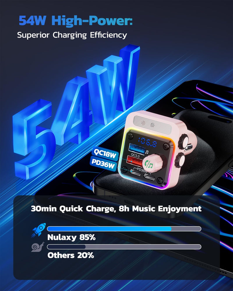 Nulaxy 54W Bluetooth 5.3 Car Adapter with 4 Charging Ports [PD 36W & QC3.0 18W], Wireless Radio FM Transmitter with Deep Bass Player & 5 Colors LED Backlit, Hands-Free Calling - NX16 Pink E-Pink