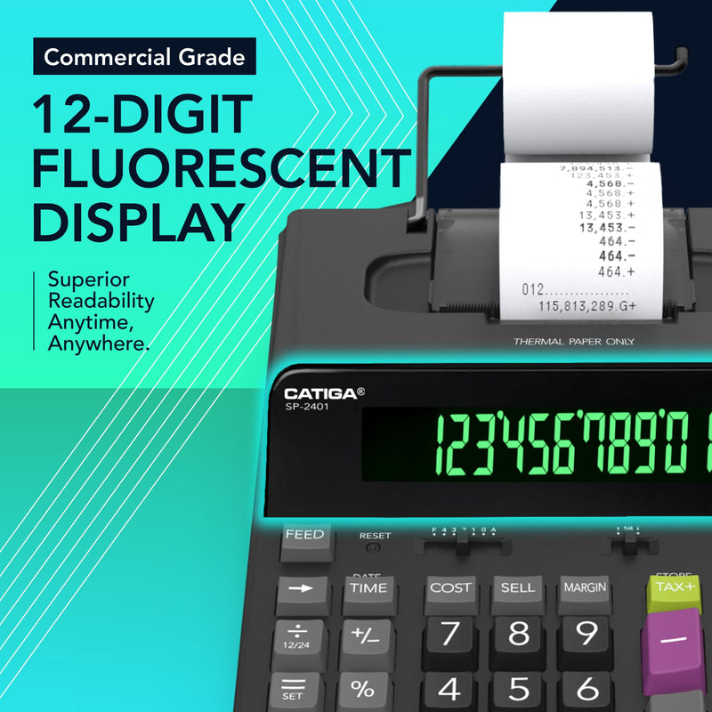 CATIGA 12 Digit Thermal Printing Calculator with Tape Print Out, Ink-Free Adding Machine, 5X Faster Quite at 8.0 LPS, Extra Large Fluorescent Display, Tax Calculation with Clock and Calendar, SP-2401 Black