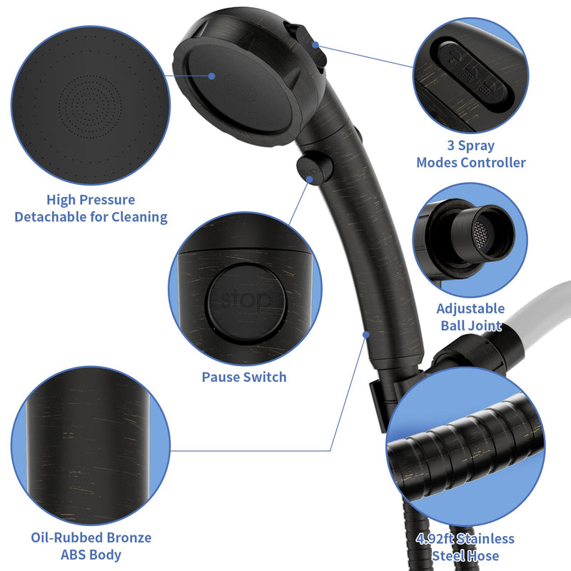 SINGSUO High Pressure Handheld Shower Head with On Off Switch, Detachable Shower Head, 3 Spray Modes Shower Massager Handheld with Hose and Adjustable Angle Bracket (Oil Rubbed Bronze) Oil Rubbed Bronze
