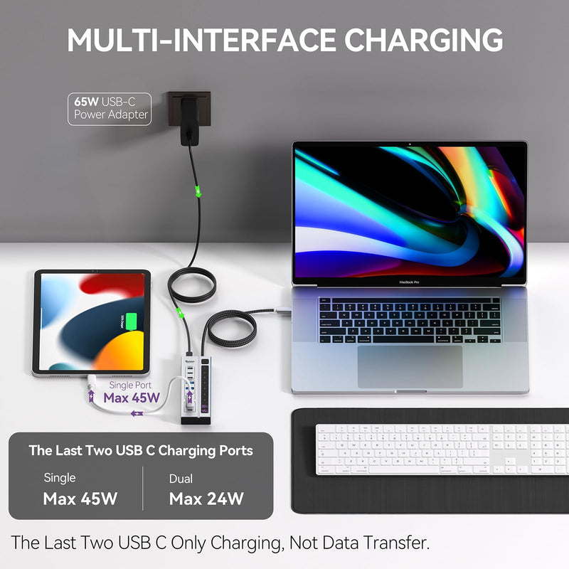 Minisopuru Powered USB C Hub – Support Max 45W Charging with 65W USB-C Power Adapter, 10Gbps, USBC Hub Charging for Meta Quest Pro, Steam, iPad Pro, iPhone, Watch (Not for Monitor) 9 in 1 PD