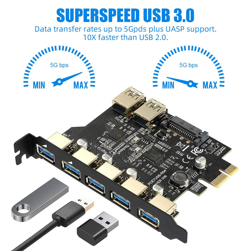 7 Ports PCI-E to USB 3.0 Expasion Card with 19-Pin SATA Power Connector Superspeed up to 5Gbps,and The Front Panel Bay and 1 Power Supply Cables,for Window 7/8/10/XP/Vista… Black-7USB Port Card