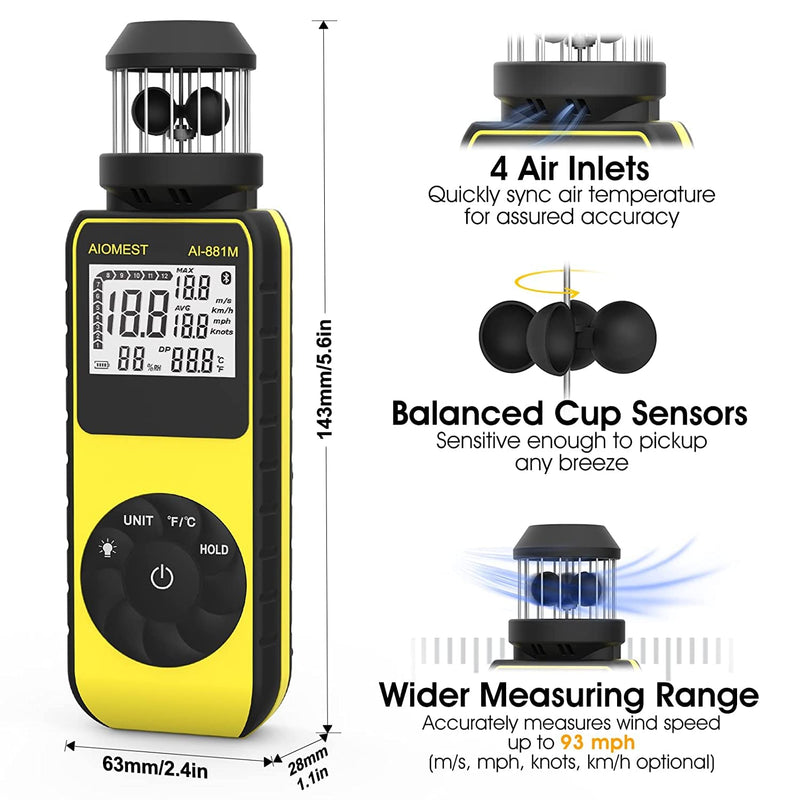 AIOMEST Wind Gauge Wind Gauge, Digital Anemometer Handheld Wind Cup Wind Speed Meter, ±4% Accuracy, Measures MAX/AVG Wind Speed & Temperature for Sailing Surfing Drone 881M