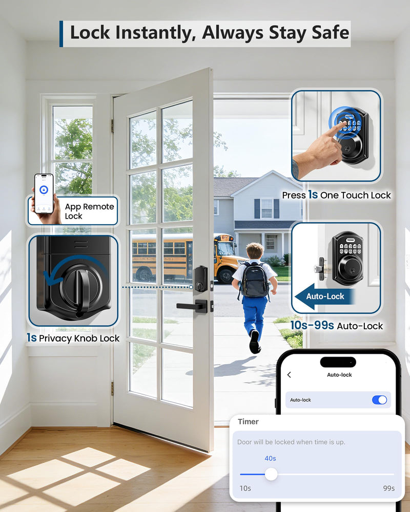 TEEHO TE011W Wi-Fi Keyless Entry Door Lock with Keypad - Smart Deadbolt Lock for Front Door with 2 Keys - Remote Control, Compatible with Alexa & Google, APP Unlock - Easy Installation - Matte Black