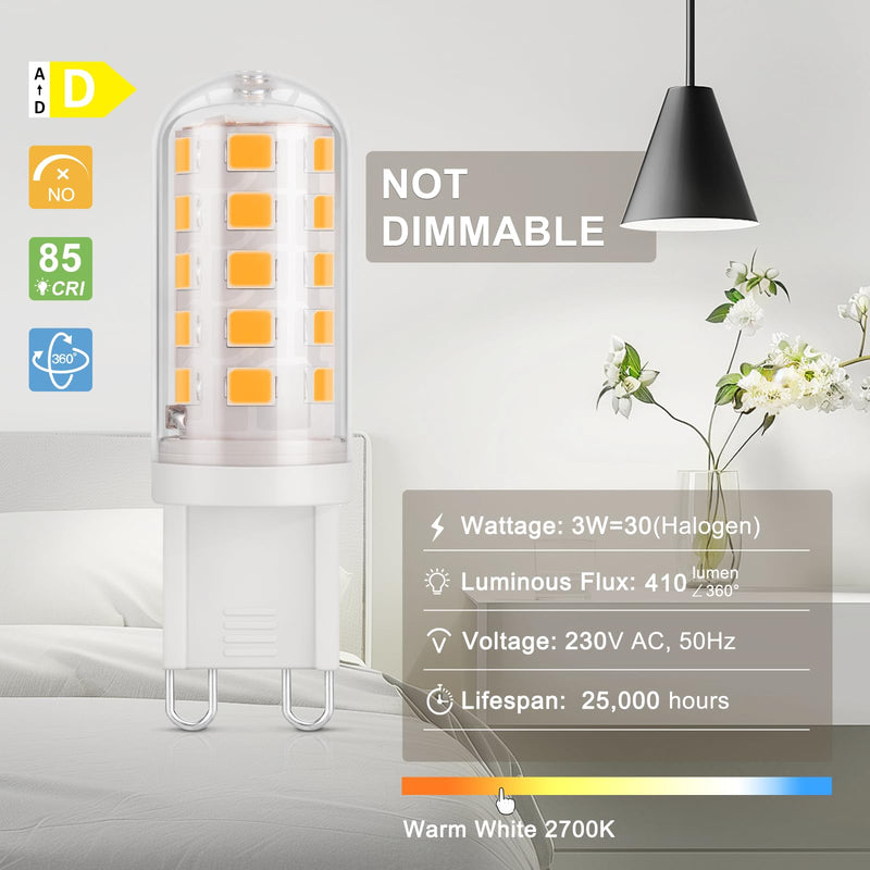 DiCuno G9 LED Lamp, Warm White 2700K, 3W Replaces 30W, 410lm, Pack of 6 | LED bulb G9 base, CRI 85, 360° beam angle, no flickering, non-dimmable, ceiling light, wall lights, mirrors 6 pcs (pack of 1)