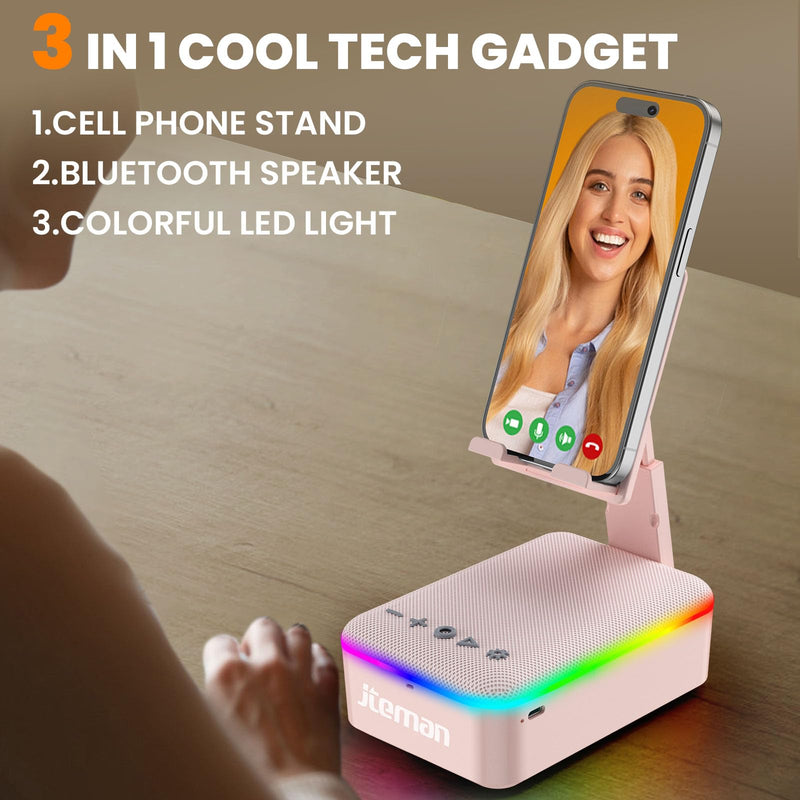 JTEMAN Gifts for Men Women,Cell Phone Stand with Bluetooth Speaker and LED Light,Cool Tech Gadgets,Unique Birthday Gifts for Men Husband Mom Dad-Pink Pink