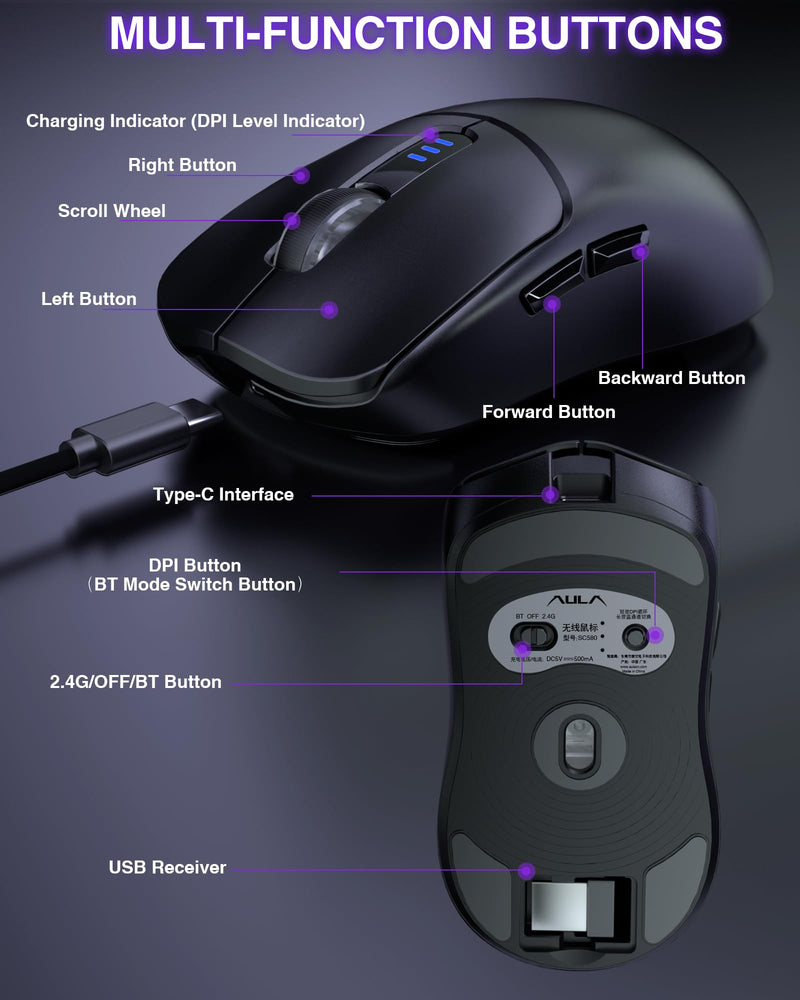 AULA SC580 Wireless Gaming Mouse, Tri-Mode 2.4G/BT5.0/USB-C Gaming Mouse, 10000 DPI Rechargeable Wireless Mouse with 6 Programmable Buttons, Ergonomic Computer Mouse for Laptop/PC/Mac/Tablet Black