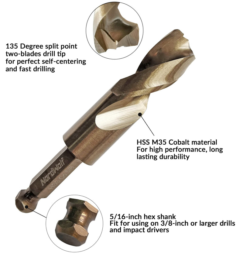 NordWolf 5/8" M35 Cobalt Stubby Drill Bit for Stainless Steel & Hard Metals, with 5/16" Hex Shank for Quick Chucks & Impact Drivers 5/8 in