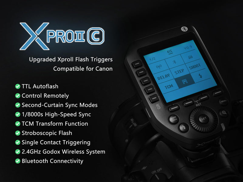 Godox XProII-C TTL Wireless Flash Trigger Compatible for Canon, 1/8000s HSS 2.4G Wireless Flash Transmitter, TTL-Convert-Manual, Extra Large LCD Screen, Bluetooth Connection, New Hotshoe Locking