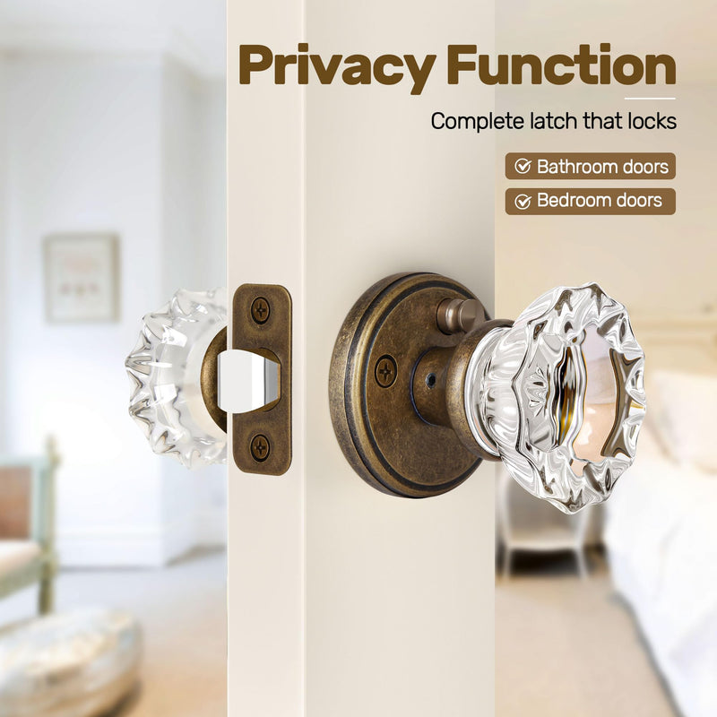 Antique Brass Door Knobs Crystal Door Knob Interior, Privacy Door Knob for Bedroom and Bathroom Glass Door Knob,Push Button Lock Privacy 1Pack Aged Bronze