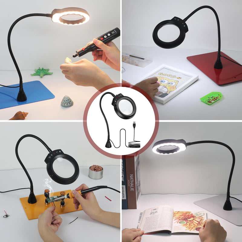 Helping Hands NEWACALOX Magnetic Magnifying Lamp, 5 Color Modes, 5X Magnifying Glass, Flexible Gooseneck, Soldering Helping Hands Base Station Black