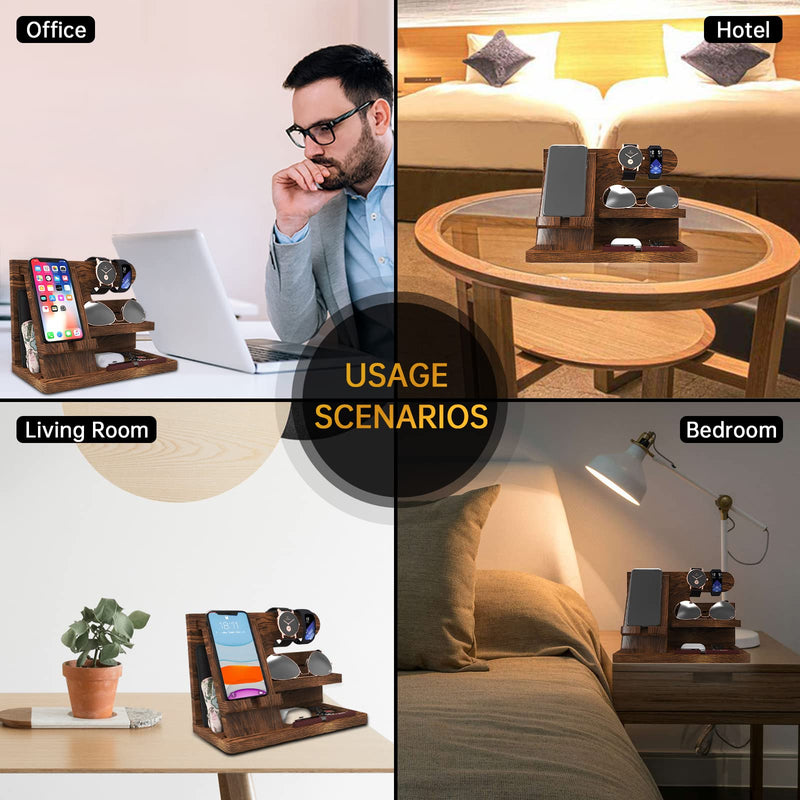 Birthday Gifts for Men Wooden Phone Docking Station Organizer Dad Birthday Nightstand Organizer Desk Wood Gifts Valentines Day Gifts brown