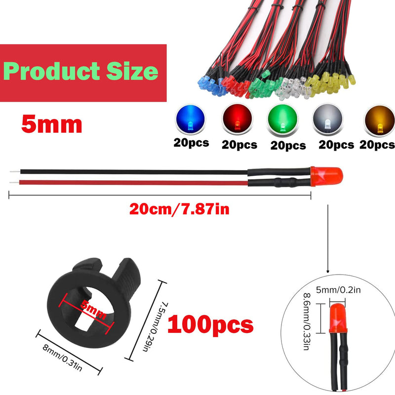 RUNCCI-YUN Pack of 100 5 mm 3V-9V-12V LED diodes, LED with cable 12 V, model railway H0 lighting RC model building LED diodes light + 100 pieces 5 mm LED mounting rings plastic (red, yellow, green, white, blue)