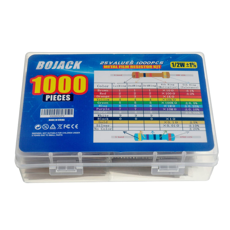 BOJACK Resistors Assortment Kit 1 Ohm - 1M Ohm 1/2W Metal Film Resistor Kit (25 Values 1000 Pieces) 1/2 W