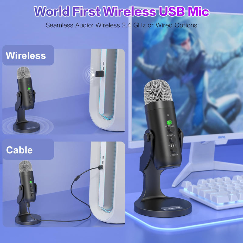 ZealSound Wireless Microphone,USB Mic for iPhone PC iPad Android Phone-Cordless Microphones with Mute Echo Monitor Volume Gain & Bluetooth BGM,2.4GHz for Podcast,ASMR,Gaming,YouTube Video/K66 Black