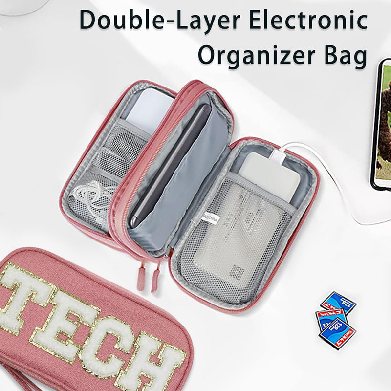 Electronic Accessories Organizer Bag Cable Cord Charger Carrying Pouch with Preppy Chenille Letter Patch TECH, Business Travel Gadget Small Storage Case Essential for Women Teen Girl (Pink) Pink