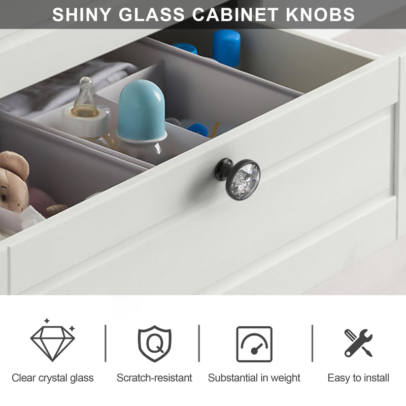Alzassbg Clear Crystal Matte Black Cabinet Knobs 10 Pack, AL1011MB | 1.3 Inch Diameter, Crystal with Matte Black Base, Decorative Hardware Pulls, for Cabinets and Drawers Matt Black(Round)