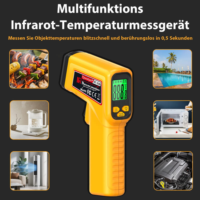 Infrared Thermometer Non-Contact Laser Temperature Meter -50℃~530℃ | Digital Infrared Laser Thermometer for Cooking, Grill, Fridge, Air Conditioning, Car & Industry, Adjustable Emissivity yellow