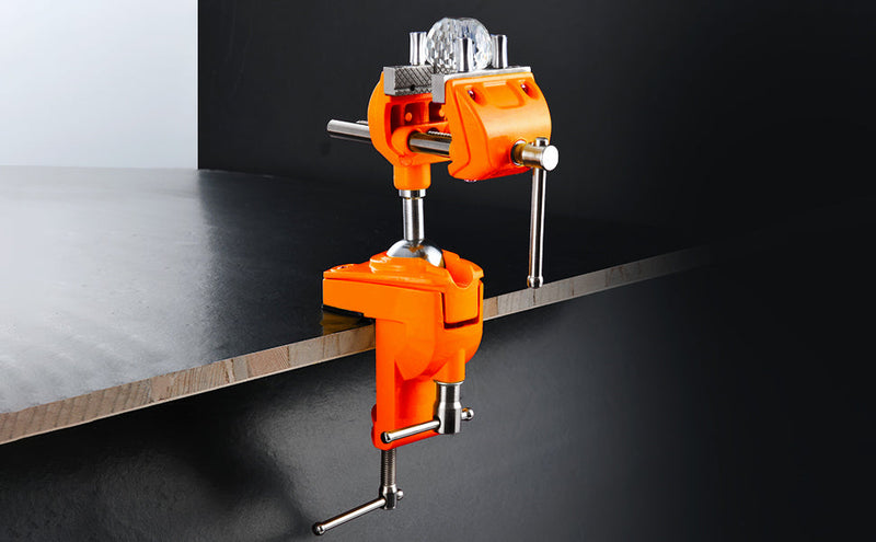 Bench Vise, 360° Swiveling Articulating Vise, Clamp-On Vise for Workbench, Cast Steel Table Clamp Vise, Pipe Vise, Bench Vice for Woodworking, DIY, Drilling, Sawing, Metal Working, Orange