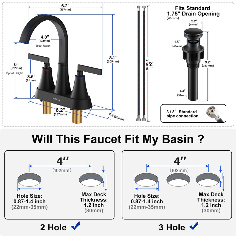Hurran 4 inch Waterfall Bathroom Faucets with Pop-up Drain and Supply Lines | Matte Black Centerset Bathroom Sink Faucet, Stainless Steel 360 Swivel Bathroom Faucets for Sink 3 Hole Vanity RV Restroom