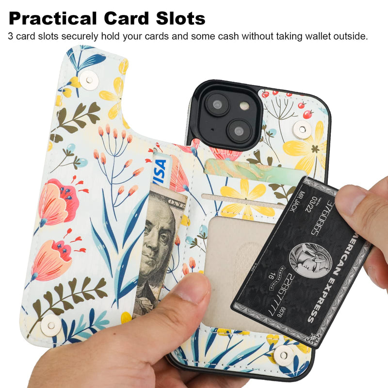 HAOPINSH for iPhone 14 Wallet Case with Card Holder, Donuts Pattern Back Flip Folio PU Leather Kickstand Card Slots Case for Women Girls, Double Magnetic Clasp Shockproof Cover 6.1" Floral Flower