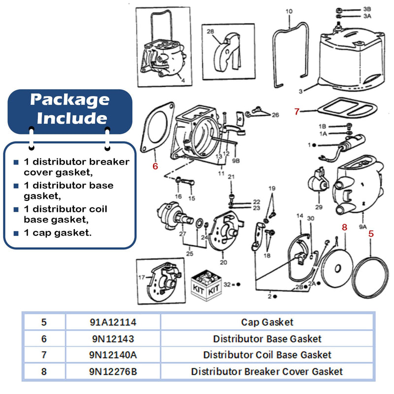 9N12104 Distributor Gasket Set for Ford Tractors 2N 8N 9N Replaces 91A12114, 9N12140A, 9N12143, 9N12276B