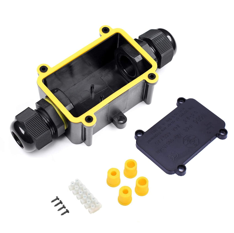 Junction box, Anicoll IP68 waterproof cable connector, larger 2-way junction box, earth cable, black electrical outdoor distribution box, M20 cable gland Ø5mm-12mm ABS + PVC, TÜV, VDE (2-way)