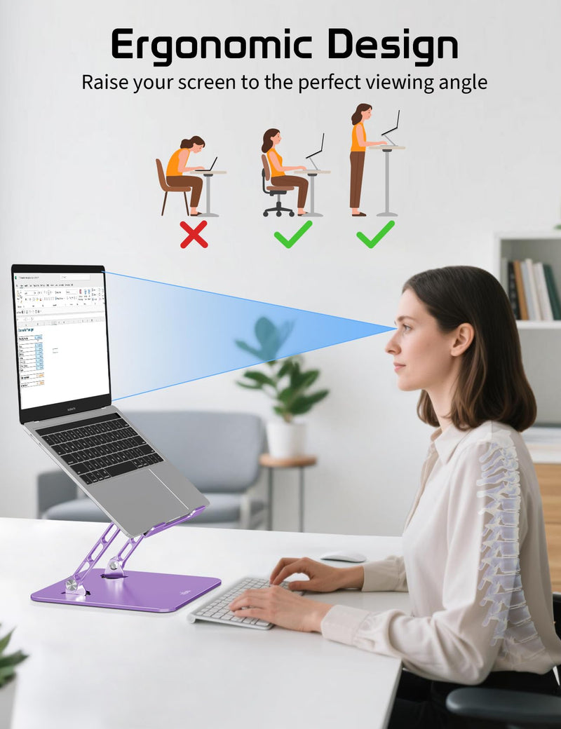 Aluminum Laptop Stand for Desk – Adjustable Ergonomic Laptop Riser, Foldable & Portable Holder Fit for MacBook & 10"-16" Laptops for Office, Home & Travel,Purple Purple