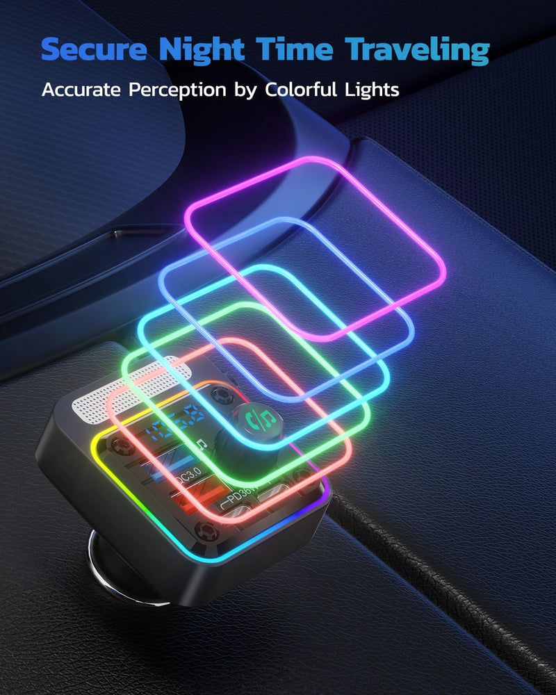 Nulaxy 54W Bluetooth 5.3 Car Adapter with 4 Charging Ports [PD 36W & QC3.0 18W], Wireless Radio FM Transmitter with Deep Bass Player & 5 Colors LED Backlit, Hands-Free Calling - NX16 Black A-Black