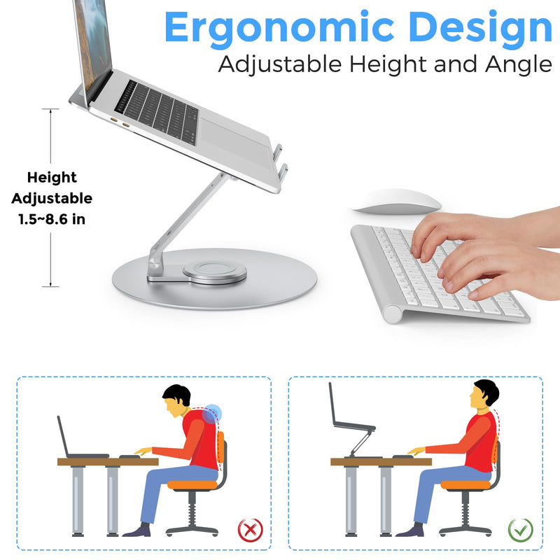 Swivel Laptop Stand for Desk, Adjustable Height Aluminum Computer Stand with 360 Rotating Base, Foldable Ergonomic Riser, Portable Laptop Holder Compatible with MacBook, All Laptops 10-17'', Chrome