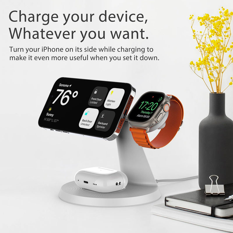 3-in-1 Wireless Charging Station for Apple: used for iPhone and Watch Charging Station with Magsafe Charger Stand, Wireless Charging Stand for iPhone15/14/13/12, Apple Watch 1-9/Ultra, AirPods 3 Pro White
