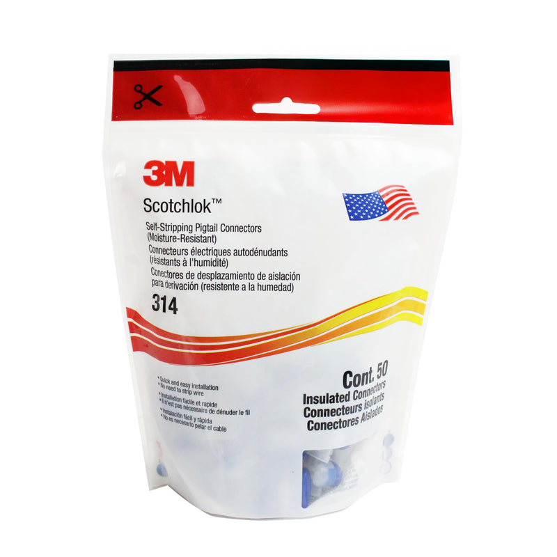 3M Scotchlok Electrical IDC (Insulation Displacement Connector) 314-BOX, Pigtail, Self-Stripping, Moisture-Resistant, Blue, 22-14 AWG (solid/stranded), Pack of 50