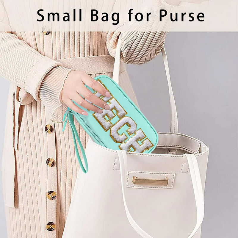 Electronics Organizer Bag Travel with Chenille Letter Patch TECH Traveling Must Have Accessories Cute Personalized Gift for Women Cable Cord Charger Storage Pouch (Greenish Blue) Greenish Blue