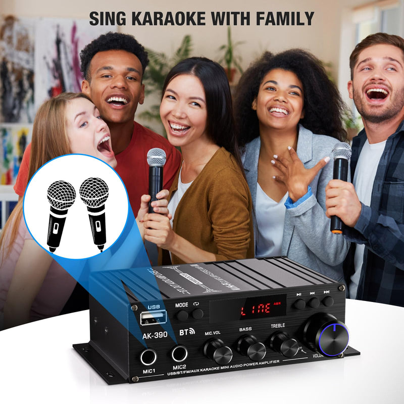 AK-390 2.0CH Stereo Amplifier, Max 400W HiFi Stereo Amplifier, Bluetooth 5.0 Home Audio Power Amplifiers with MIC/RCA/USB/SD for Car Home Karaoke Bar Garage, Remote Control & Power Adapter