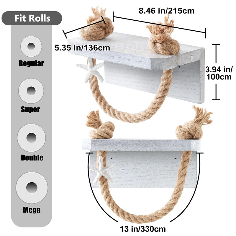 Farmhouse Toilet Paper Holde, Nautical Rope Beach Toilet Paper Roll Holder Pre-Assembled, Morden Farmhous Bathroom Decor Wall Mounted, Starfish Rope Coastal Towel Rack with Wood Shelf Weathered White