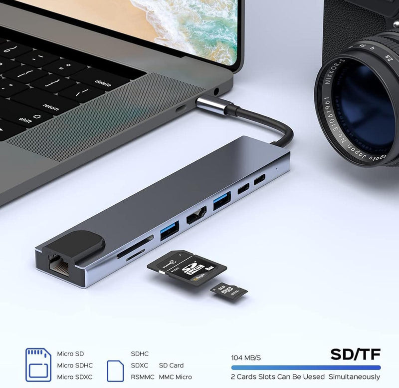 8-in-1 USB C Hub Adapter with HDMI 4K, Ethernet RJ45, USB 3.0, SD/TF Card Reader, PD Charging – Space Gray Multiport Docking Station for MacBook, Laptop, iPad, PC, USB-C Devices