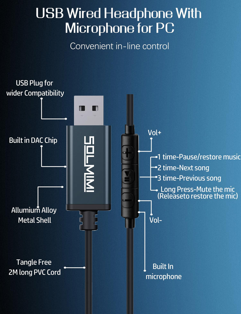 USB Earbuds with Microphone for PC Laptop, 2M/6.5ft USB Headset with Microphone for PC, USB Headphones for Computer Laptop PC PS4 PS5 Notebook Desktop Office Home with Volume Control& Mute Middle mic