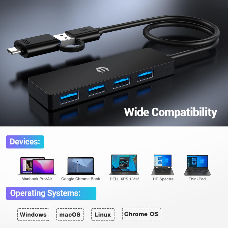 USB Hub, 4-Port USB 3.0 Hub, Instant Plug and Play Convenience, with a 4 Port USB 3.0 Hub Delivering 5Gbps Transfer Speed and USB to USB C Adapter, Compatible with Mac Air/Pro, HP, and More
