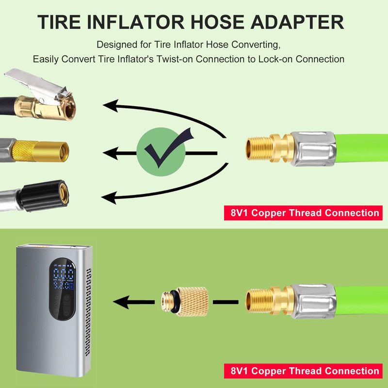 GODESON 20" Tire Inflator Hose Adapter, Air Chuck with Green Rubber Hose and Standard Tire Valve Fine Thread, Schrader Valve Adapter for Tire Pump's Twist on Convert to Lock on Connection 20"