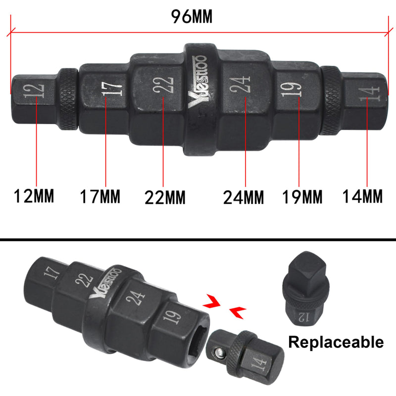 Hex Axle Tool for Motorcycle Front Axle Wheel, Allen Axle Spindle Socket Adapter Tool, 3/8 Inch 12mm 14mm 17mm 19mm 22mm 24mm, 6 in 1 Motorcycle Hex Allen Axle Tool