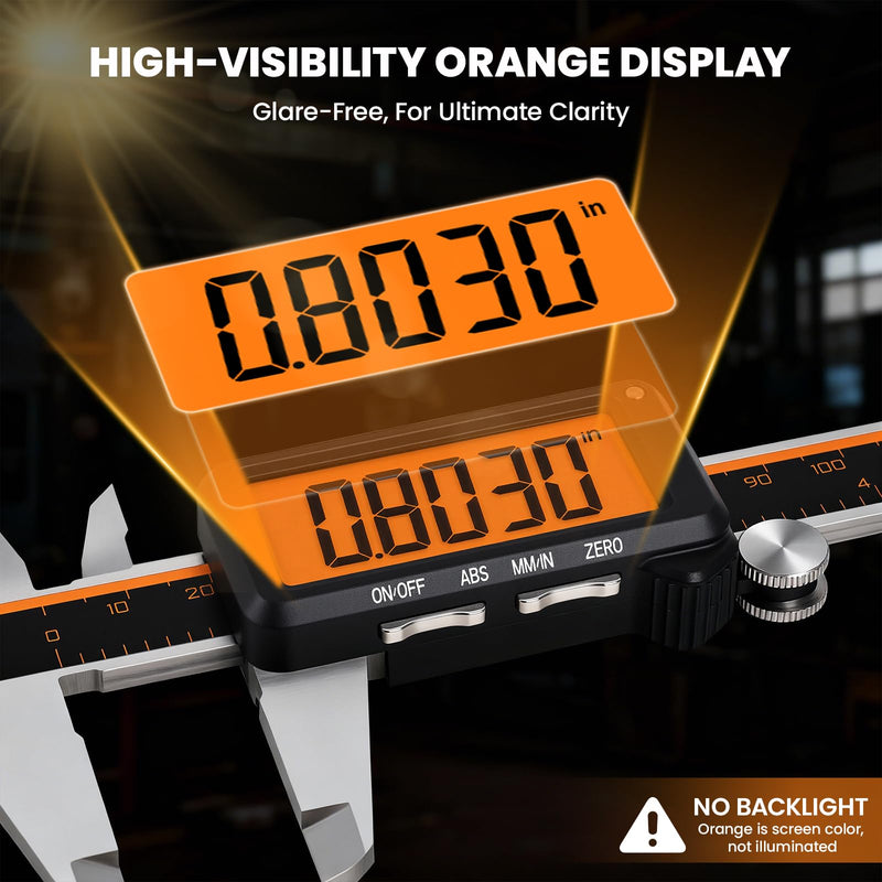 HARDELL Digital Caliper, Rechargeable Calipers with Large Orange Screen (No Backlight), Anti-Glare LCD & ABS Function, in/MM Caliper Measuring Tool, Stainless Steel Micrometer -Auto Off for Household Bright Orange