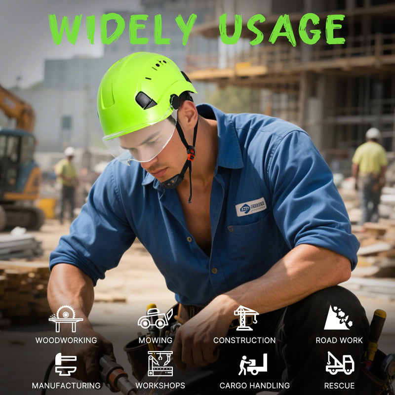 AOLAMEGS Construction Hard Hats with Visor - OSHA Approved Construction Hardhat with Chin Straps Green Hard Hat with Clear Visor